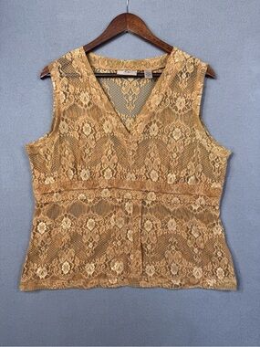Vintage Y2K i.e. Women's Boho Lace V-Neck Sheer Babydoll Top, Gold, Size Large